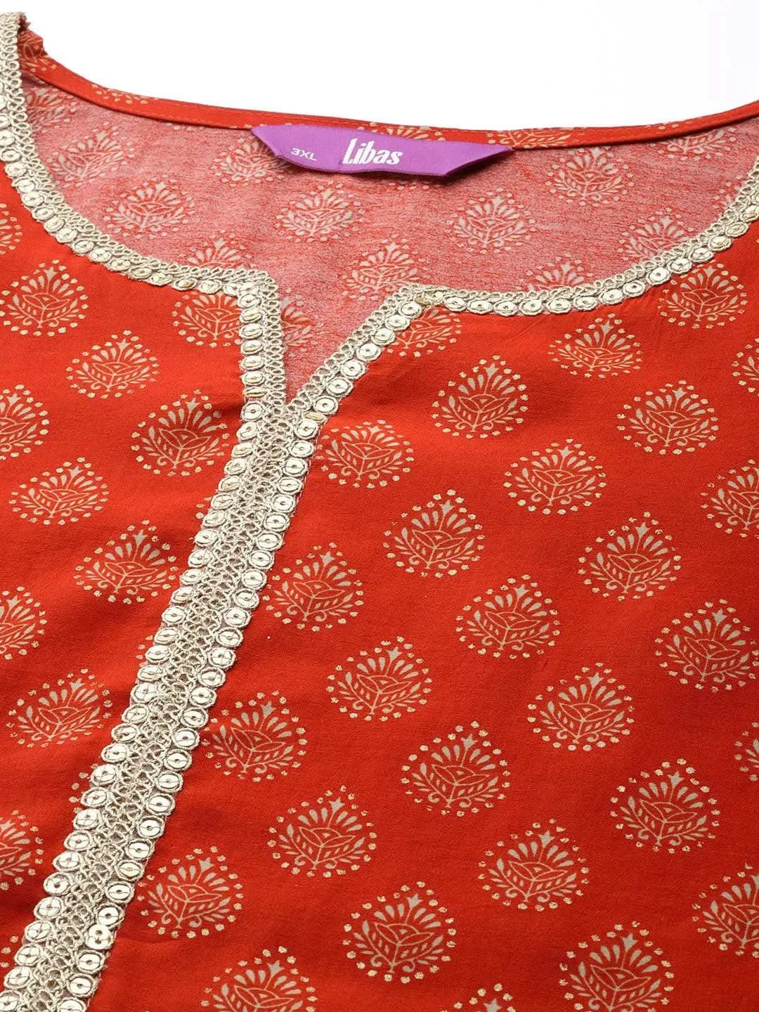 

Plus Size Orange Printed Silk Blend Straight Kurta With Dupatta