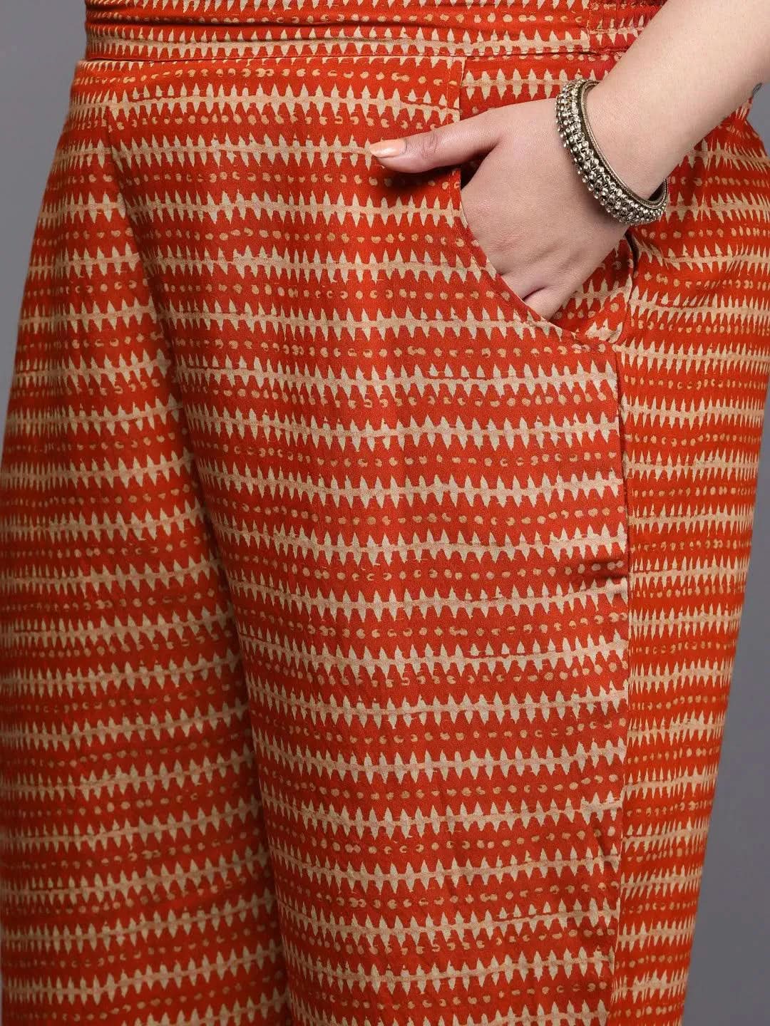 Plus Size Orange Printed Silk Blend Straight Suit Set - Libas 