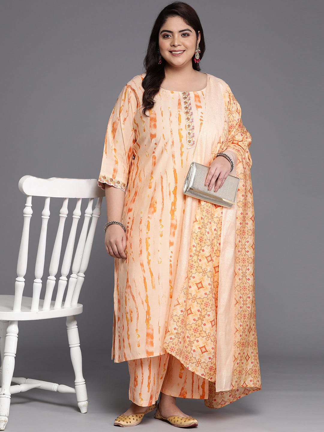 Plus Size Orange Printed Silk Blend Straight Kurta With Trousers & Dupatta