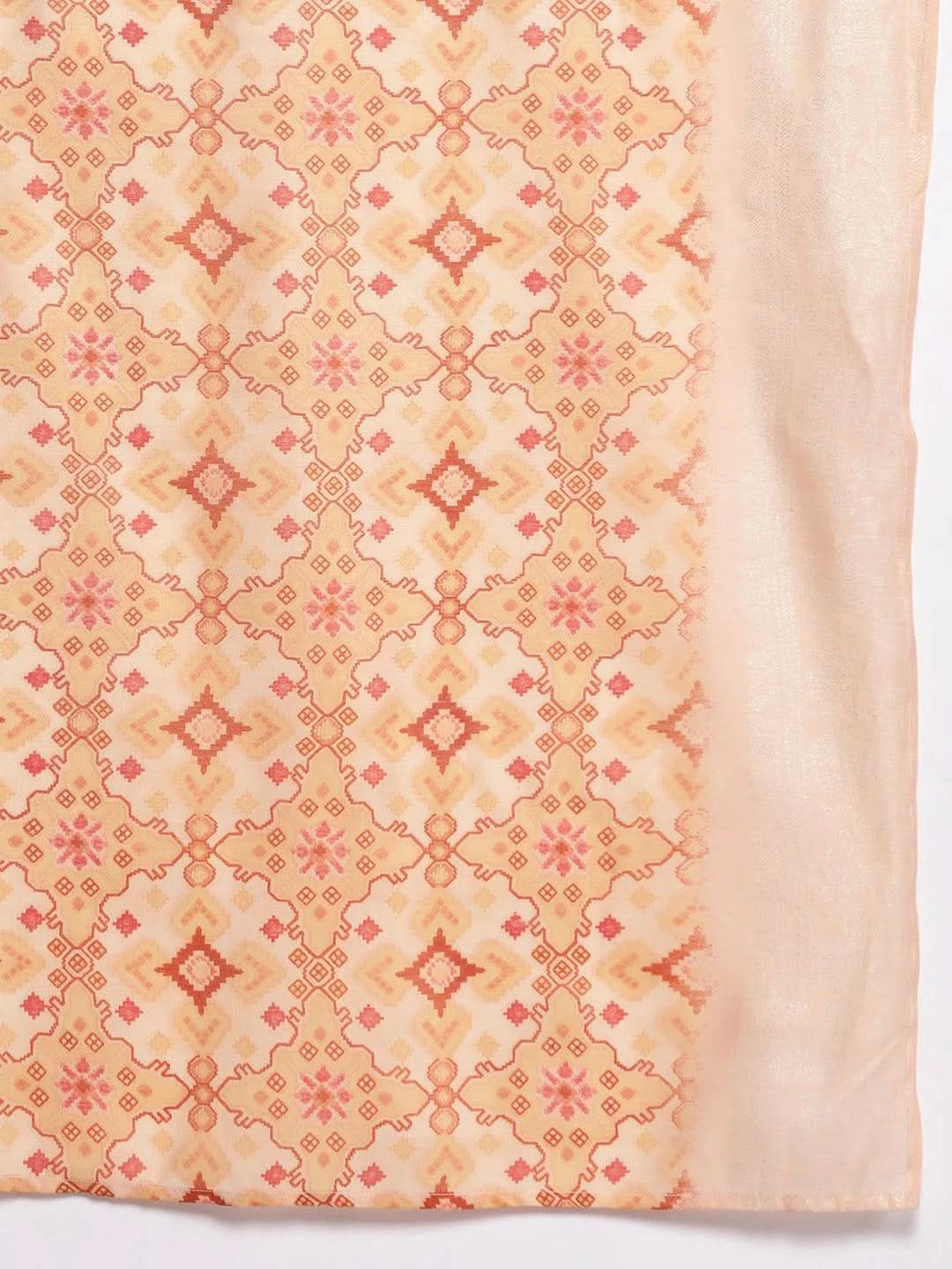 

Plus Size Orange Printed Silk Blend Straight Kurta With Trousers & Dupatta