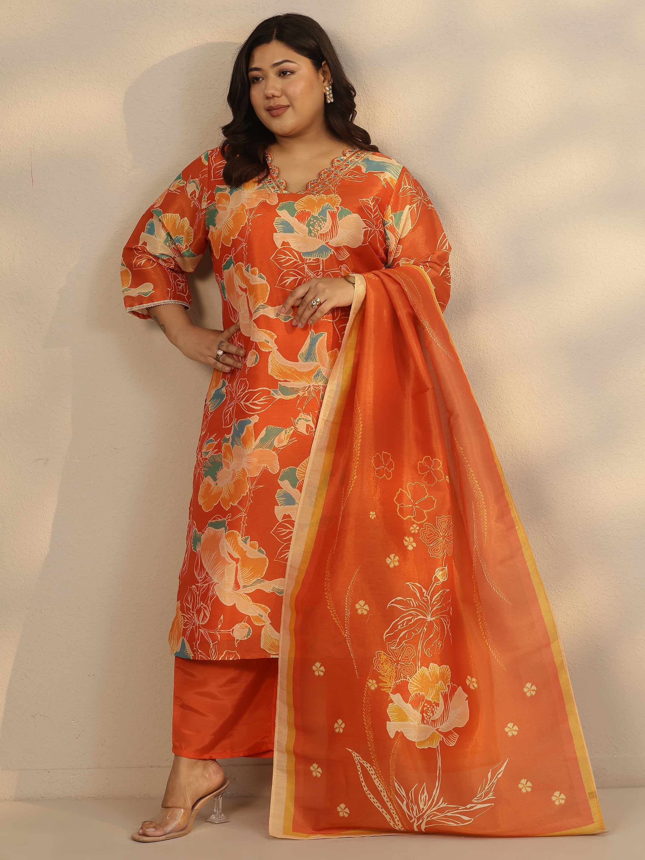libas Plus Size Orange Printed Silk Blend Straight Suit Set With Dupatta-picture-26