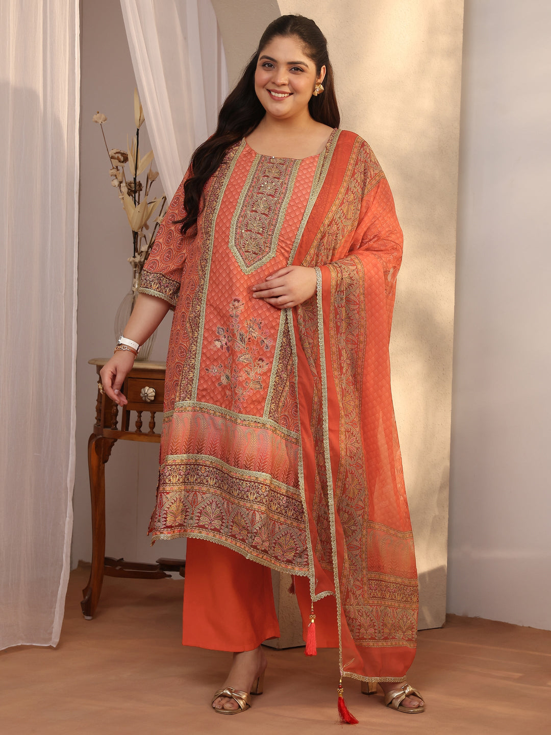  Plus Size Orange Printed Silk blend Straight Suit Set With Dupatta 