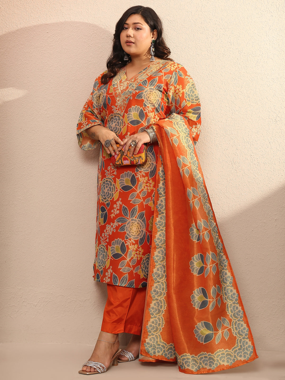 Plus Size Orange Printed Silk blend Suit Set With Dupatta 