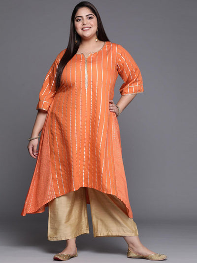 Plus Size Orange Self Design Chanderi Silk A-Line Kurta - Libas