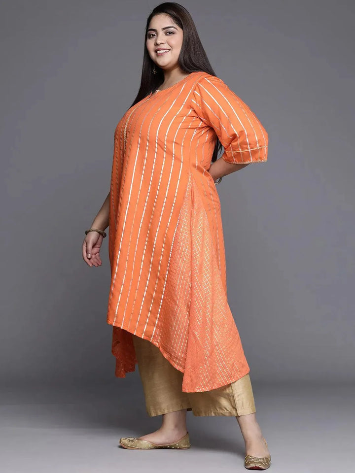 Plus Size Orange Self Design Chanderi Silk A-Line Kurta - Libas
