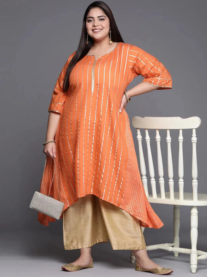 Plus Size Orange Self Design Chanderi Silk A-Line Kurta - Libas