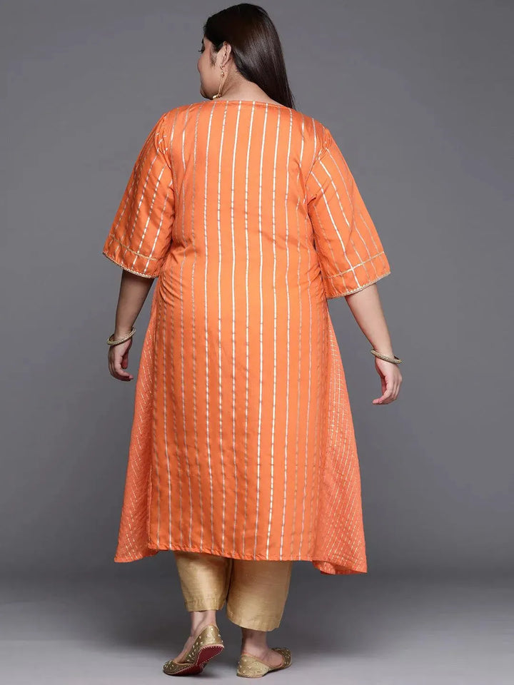 Plus Size Orange Self Design Chanderi Silk A-Line Kurta - Libas