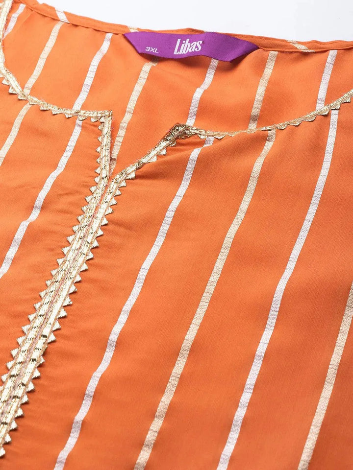 Plus Size Orange Self Design Chanderi Silk A-Line Kurta - Libas