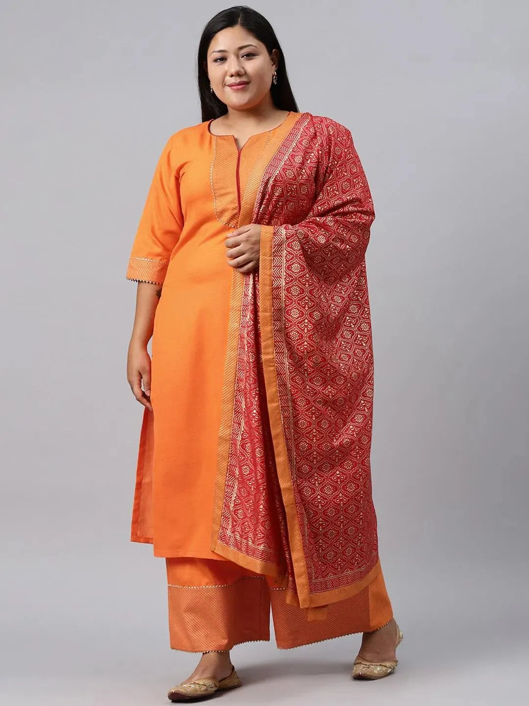 Plus Size Orange Solid Cotton Suit Set - Libas