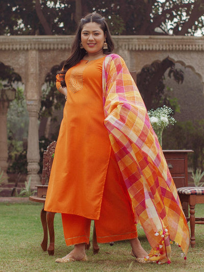 Plus Size Orange Solid Cotton Suit Set - Libas
