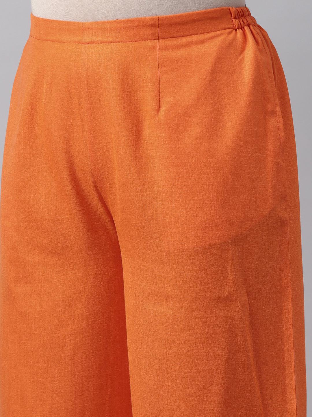 Plus Size Orange Solid Cotton Straight Kurta With Palazzos & Dupatta