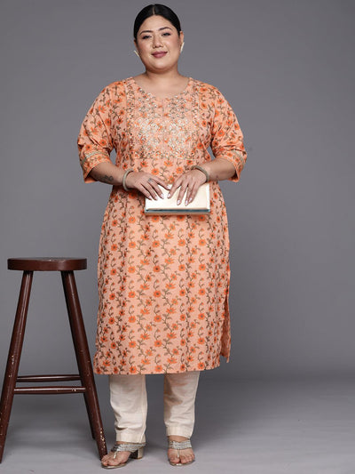 Plus Size Orange Yoke Design Cotton Silk Straight Kurta - Libas