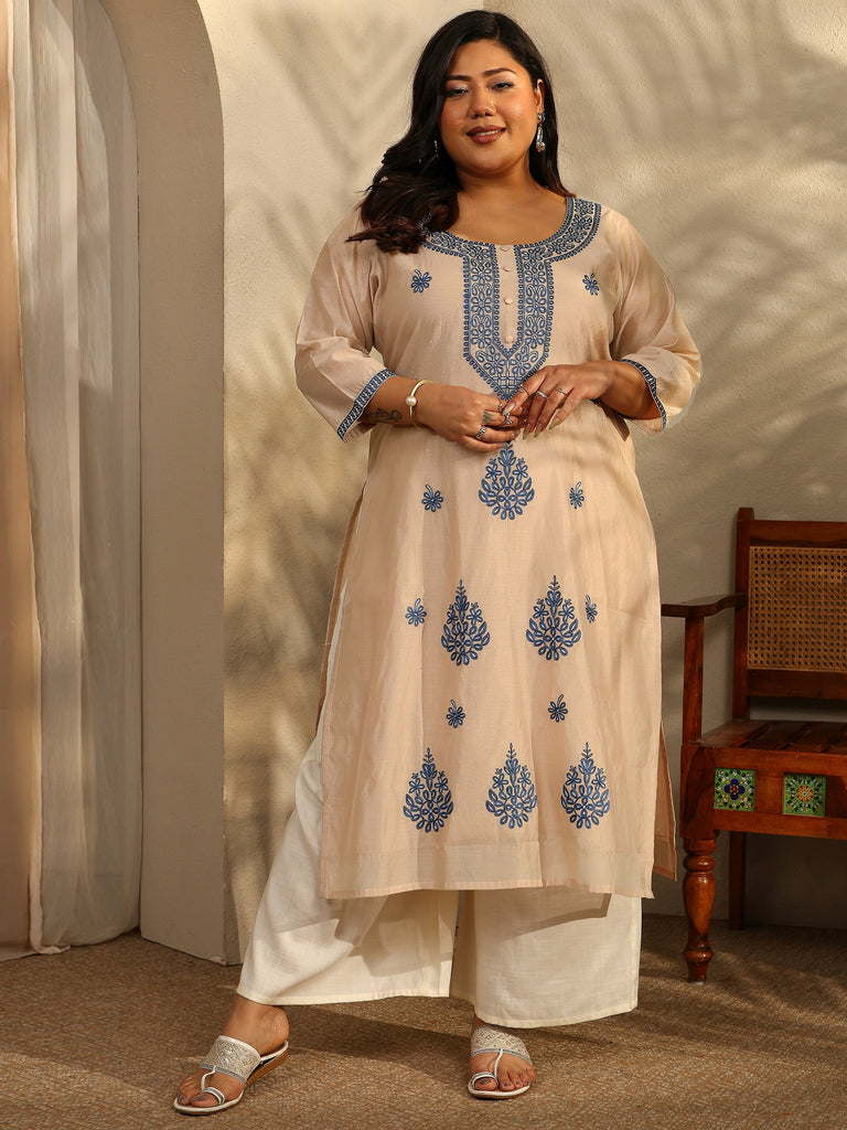 Plus Size Beige Paisley Embroidered Chanderi Silk Straight Kurta