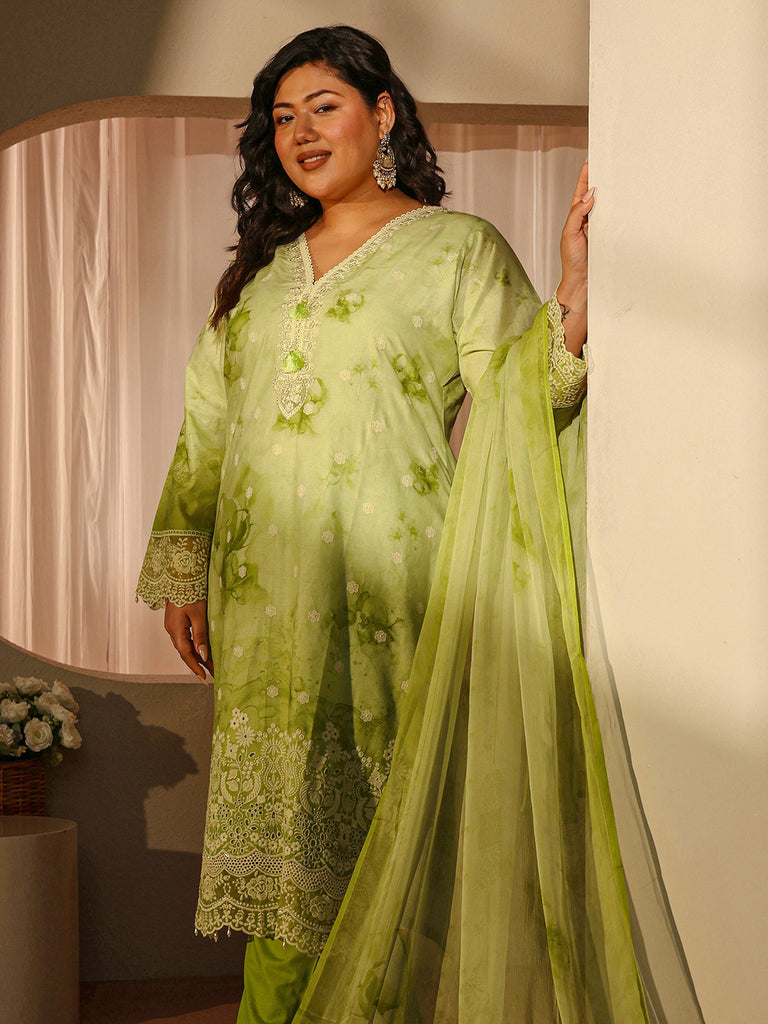Plus Size Pastel Green Schiffli Embroidered Cotton Suit Set