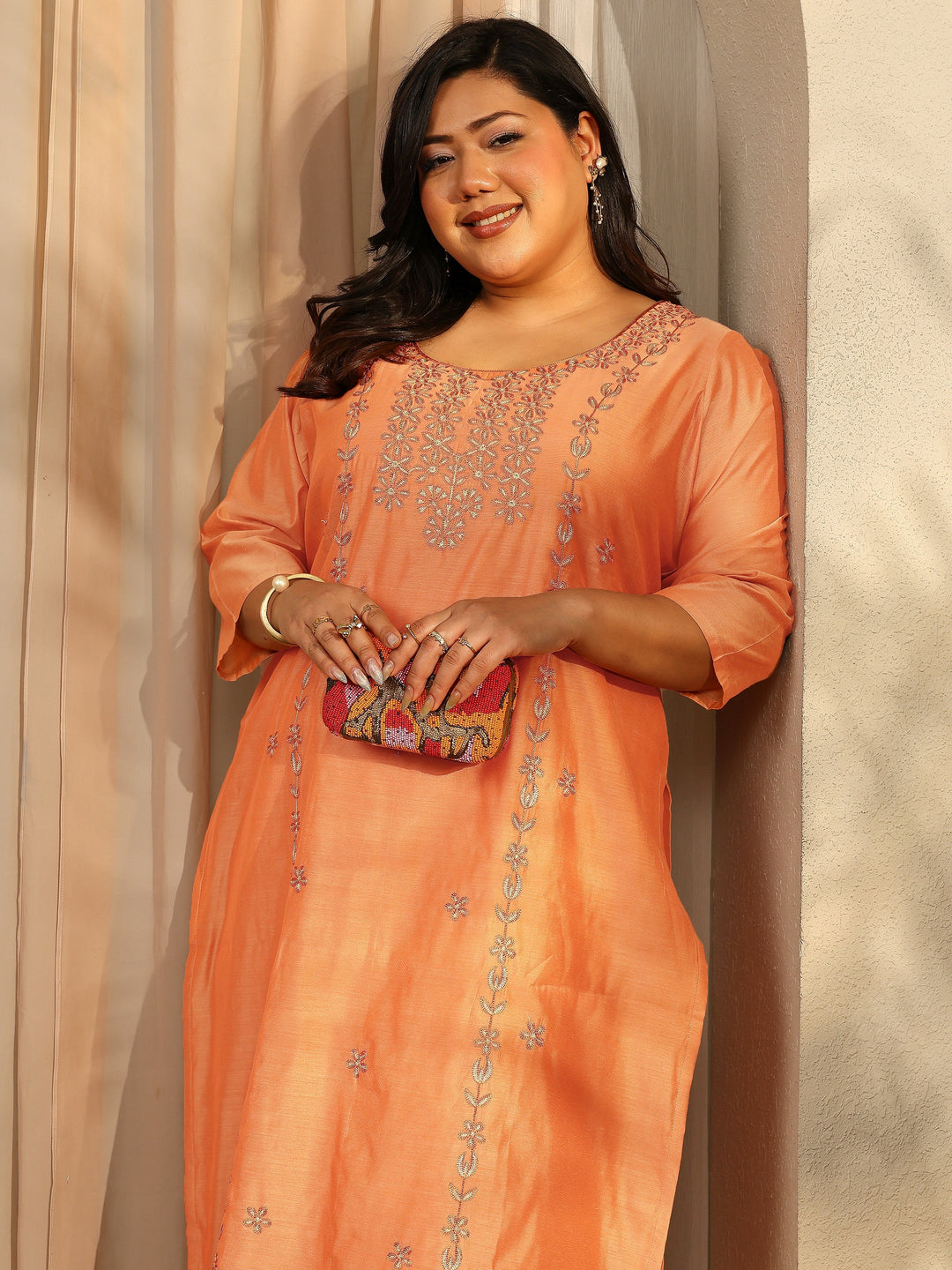 Plus Size Peach Embroidered Chanderi Silk Straight Kurta