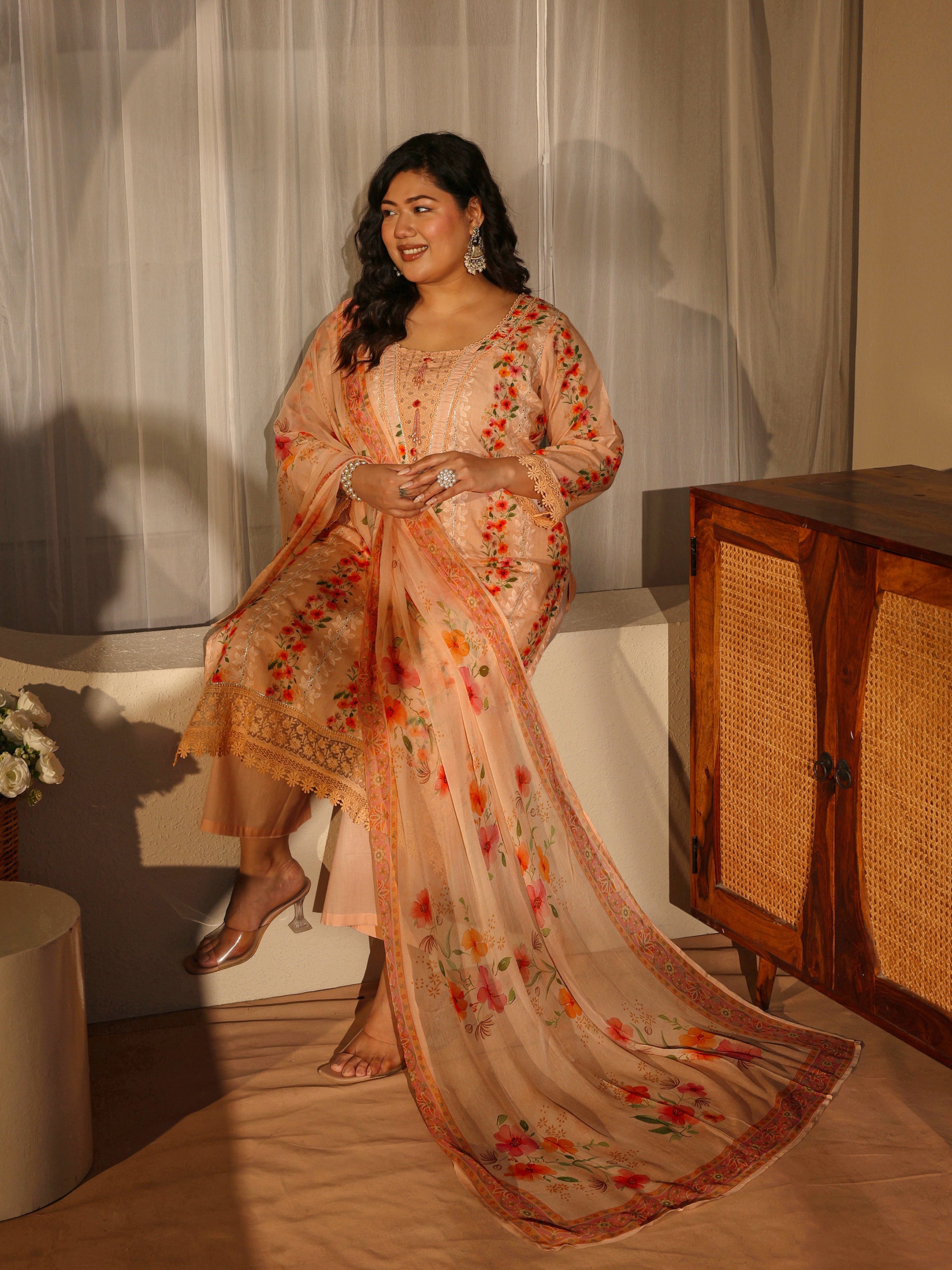 libas Plus Size Peach Floral Schiffli Embroidered Cotton Suit Set-picture-25