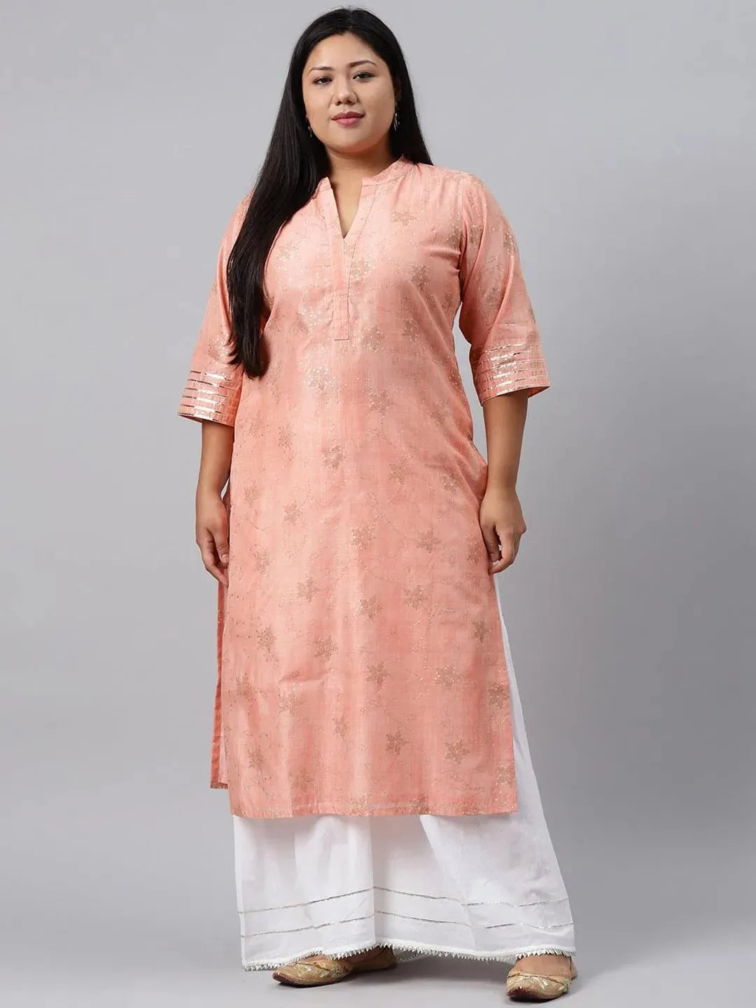 Plus Size Peach Printed Chanderi Silk Kurta - Libas