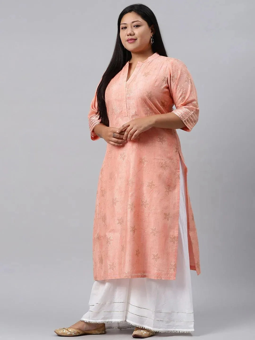 Plus Size Peach Printed Chanderi Silk Kurta - Libas