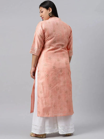 Plus Size Peach Printed Chanderi Silk Kurta - Libas