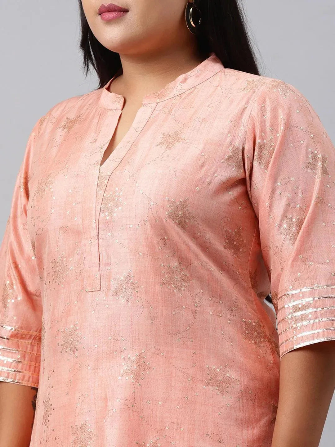 Plus Size Peach Printed Chanderi Silk Kurta - Libas