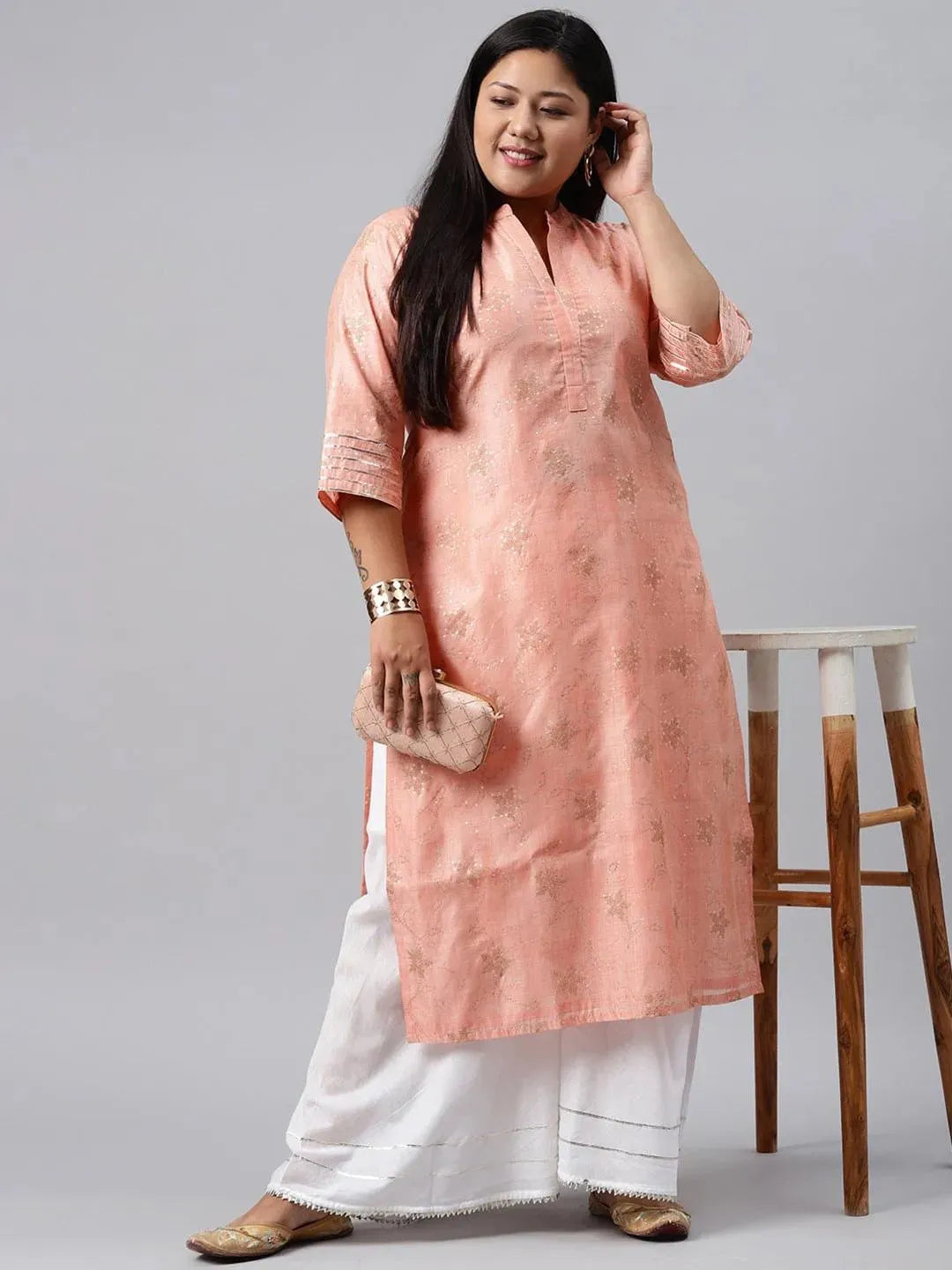 Plus Size Peach Printed Chanderi Silk Kurta - Libas