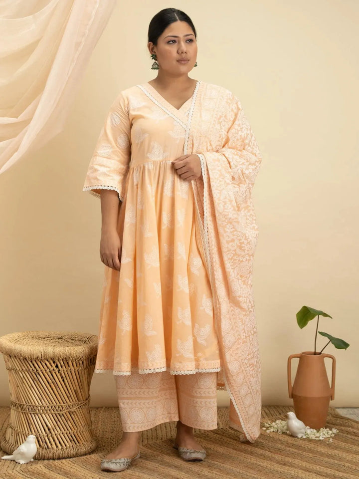 Plus Size Peach Printed Cotton Suit Set - Libas