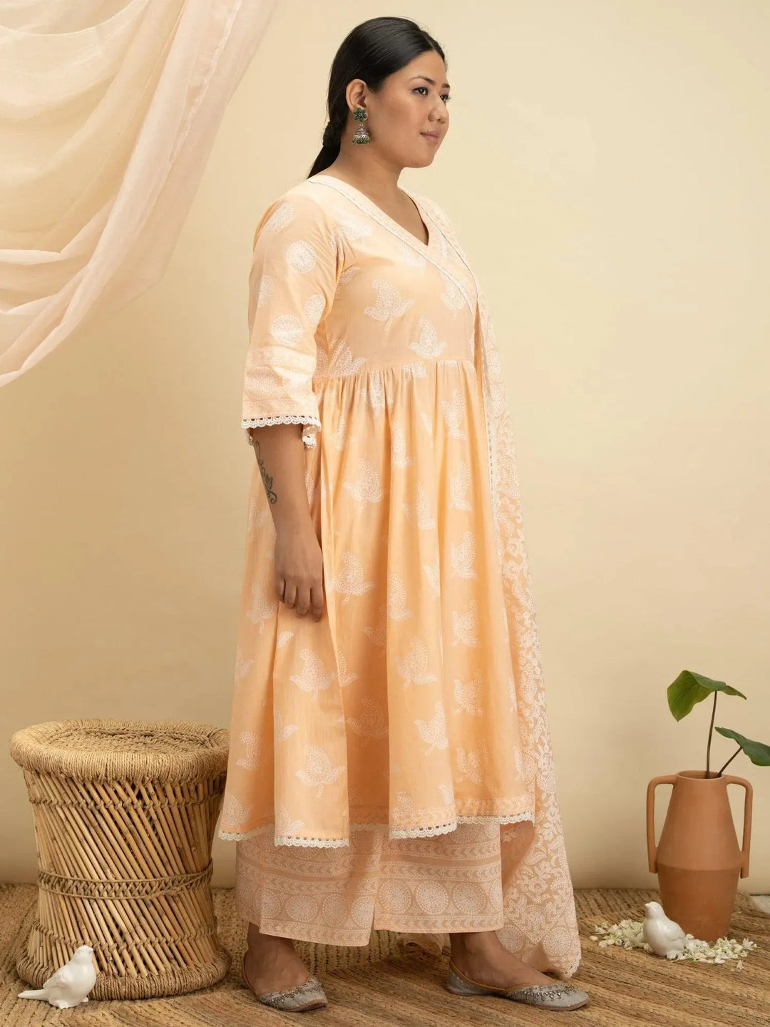 Plus Size Peach Printed Cotton Suit Set - Libas 