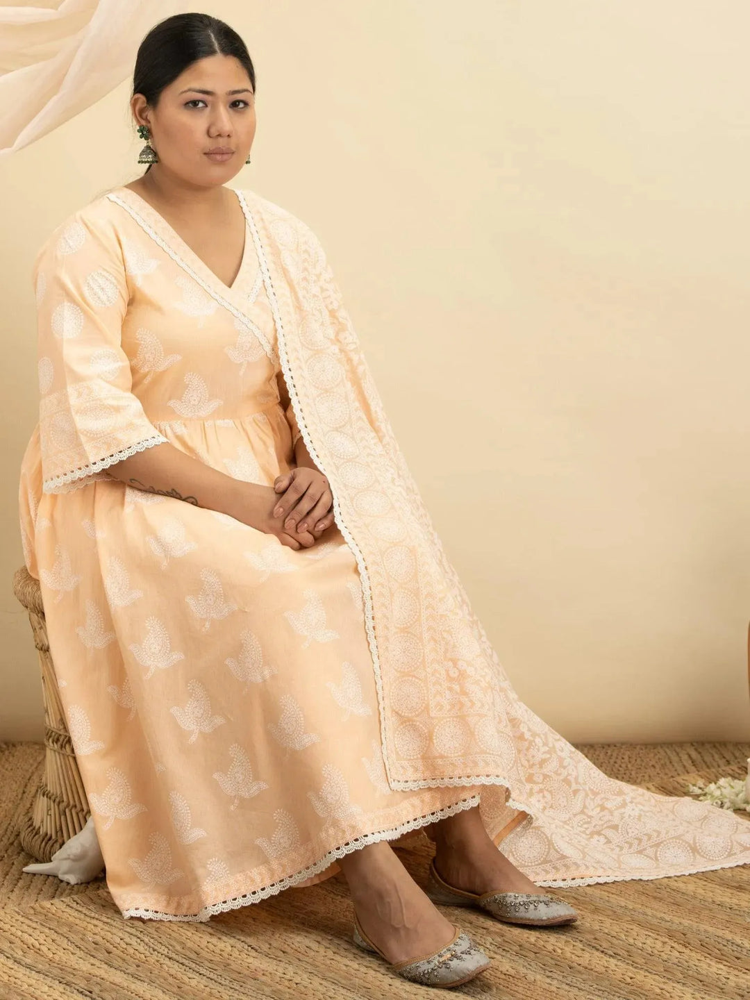 Plus Size Peach Printed Cotton Suit Set - Libas