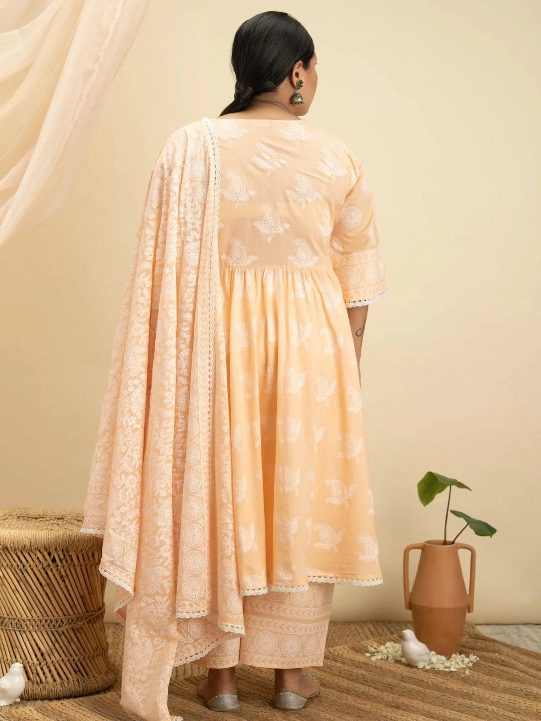 Plus Size Peach Printed Cotton Suit Set - Libas 