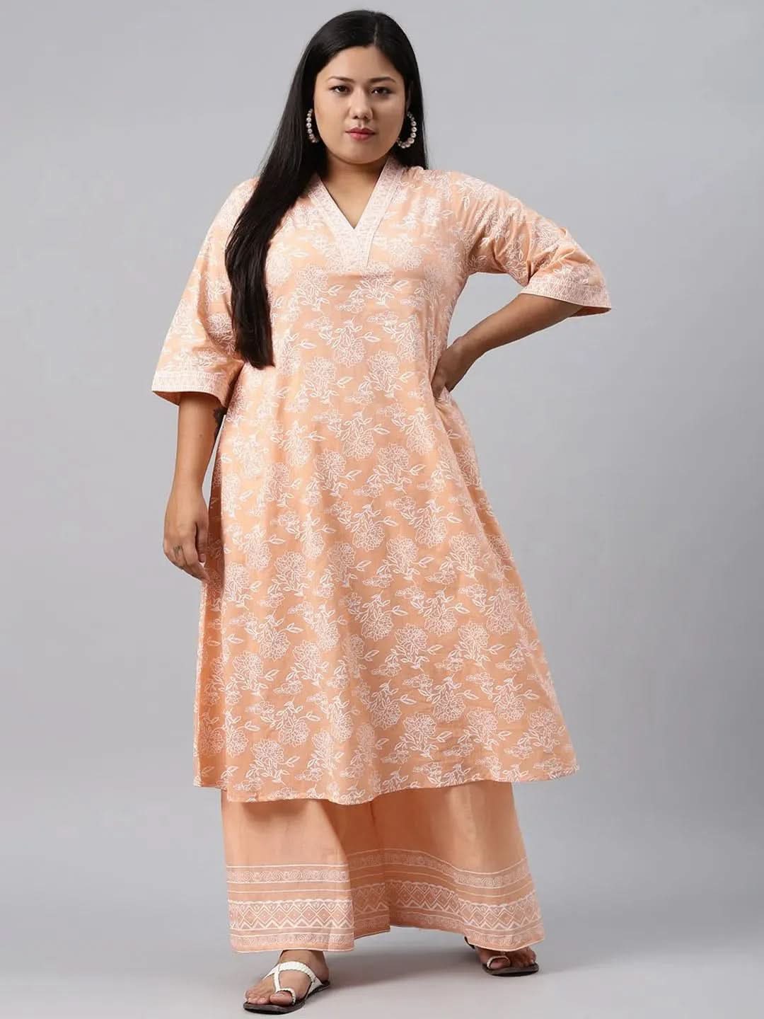 

Buy Plus Size Peach Printed Cotton Kurta - 11089- | Libas Ethnic Wear Online