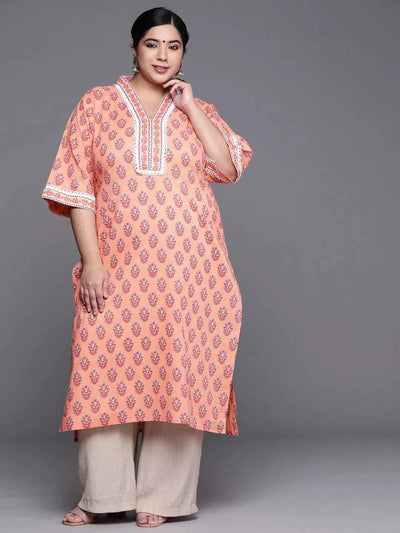 Plus Size Peach Printed Cotton Kurta - Libas