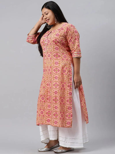 Plus Size Peach Printed Cotton Kurta - Libas