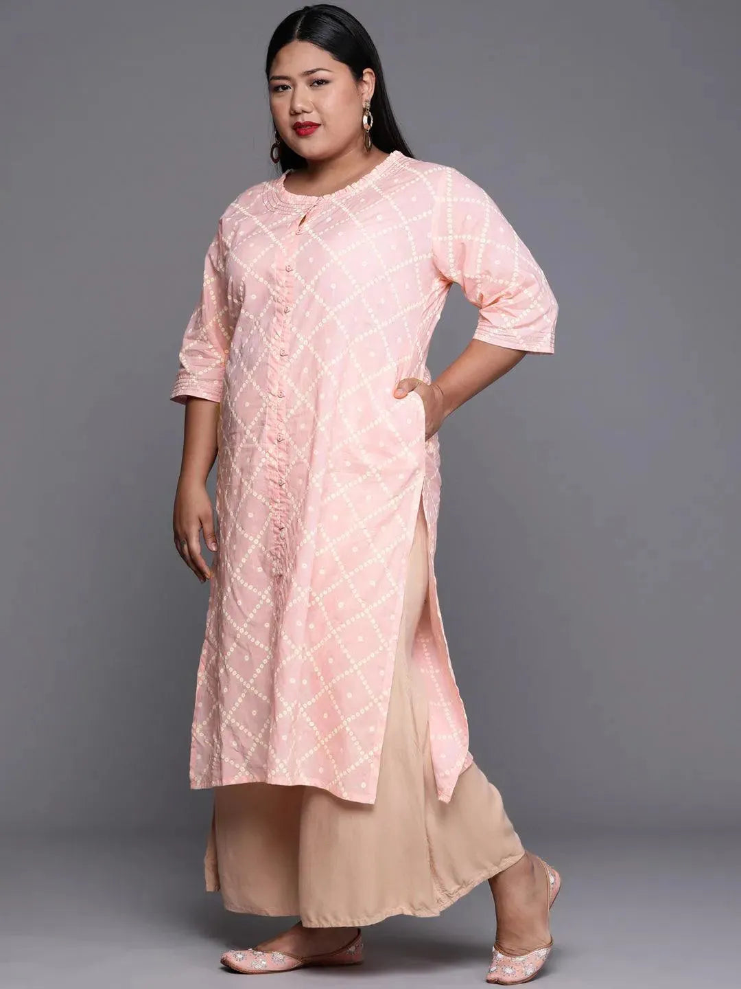 Plus Size Peach Printed Cotton Kurta - Libas