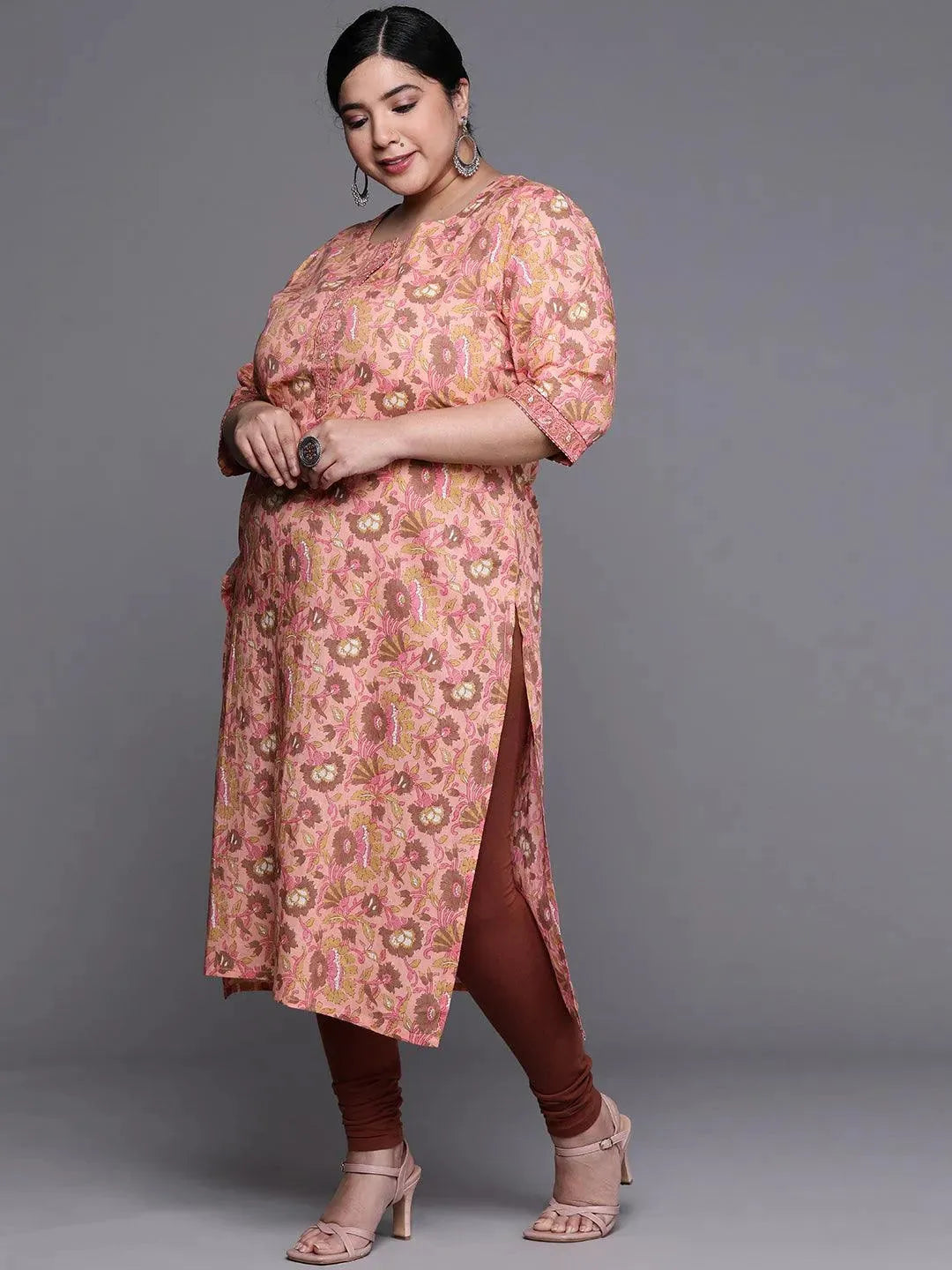 Plus Size Peach Printed Cotton Kurta - Libas