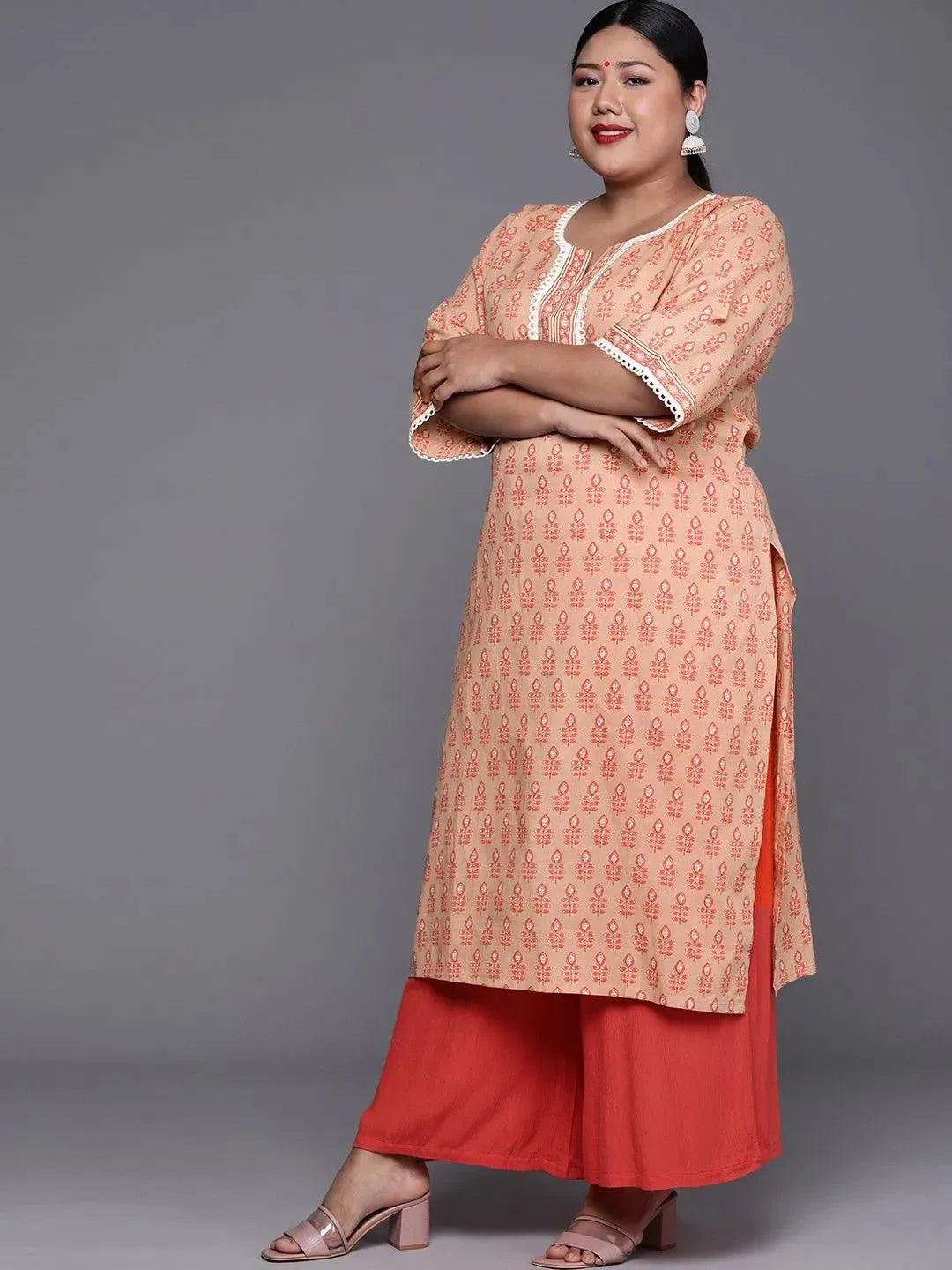 Plus Size Peach Printed Cotton Kurta - Libas