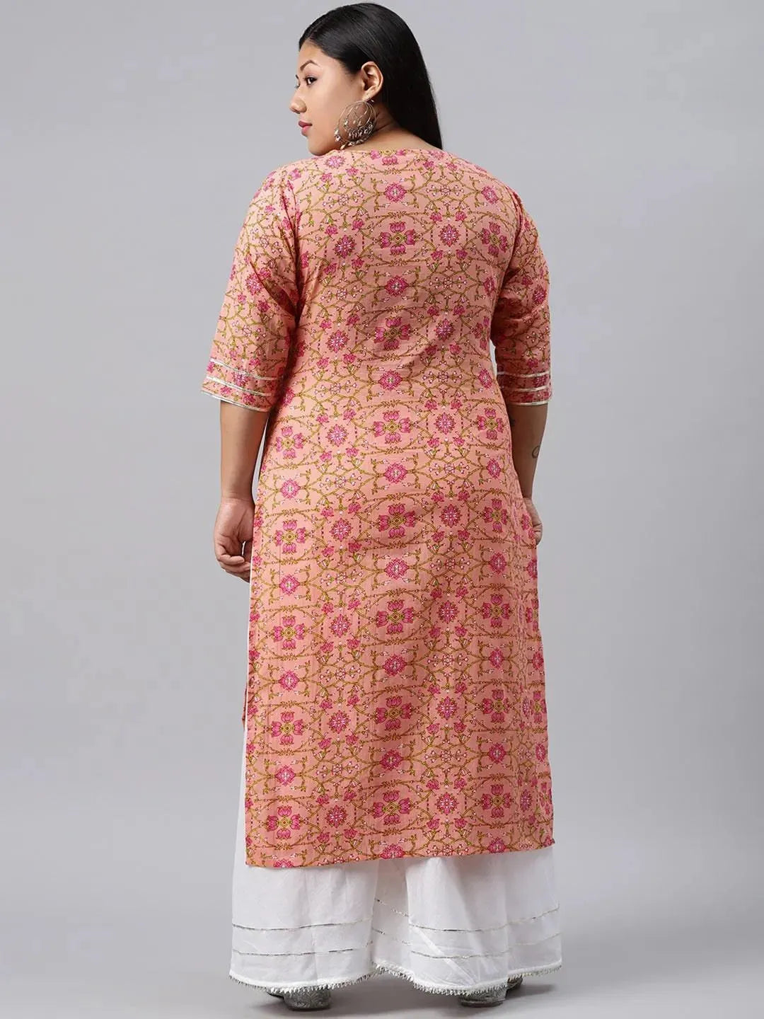 Plus Size Peach Printed Cotton Kurta - Libas