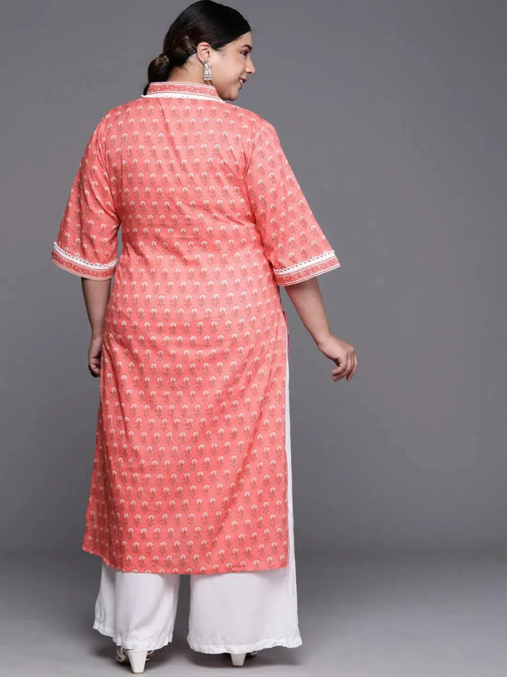Plus Size Peach Printed Cotton Kurta - Libas