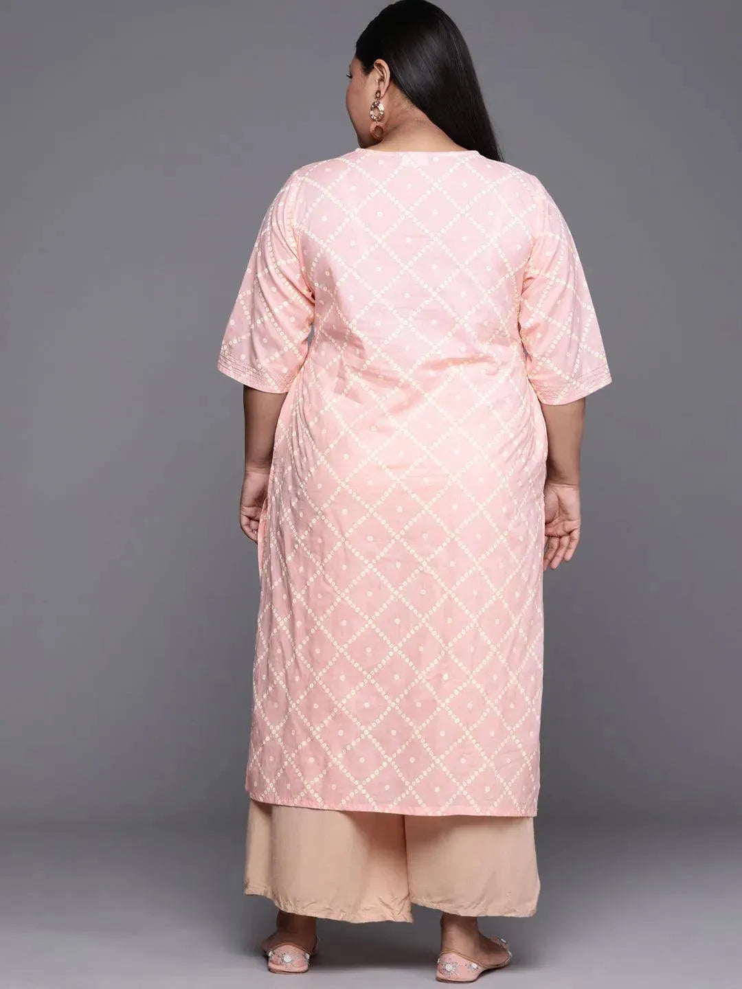 Plus Size Peach Printed Cotton Kurta - Libas