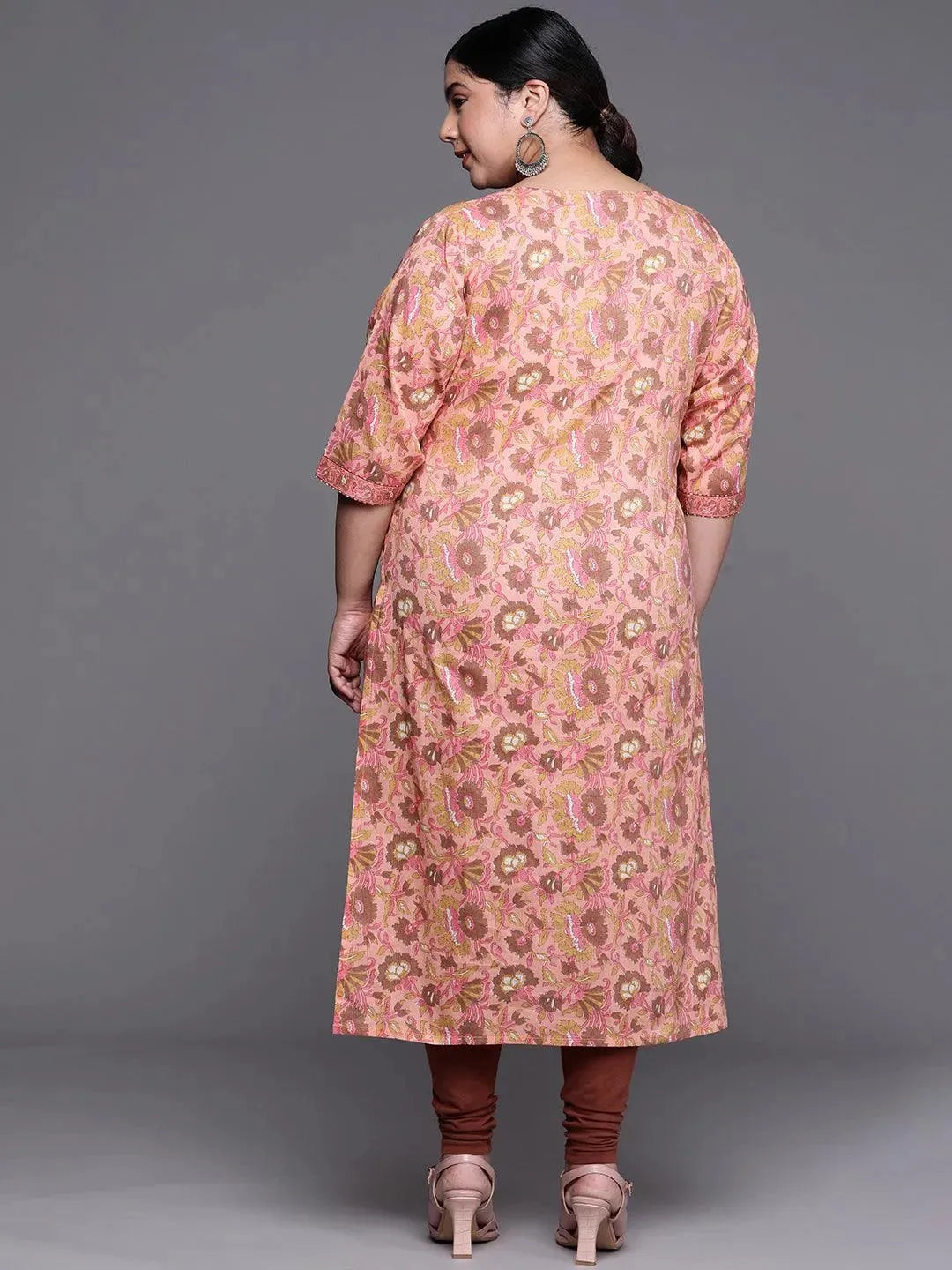 Plus Size Peach Printed Cotton Kurta - Libas 