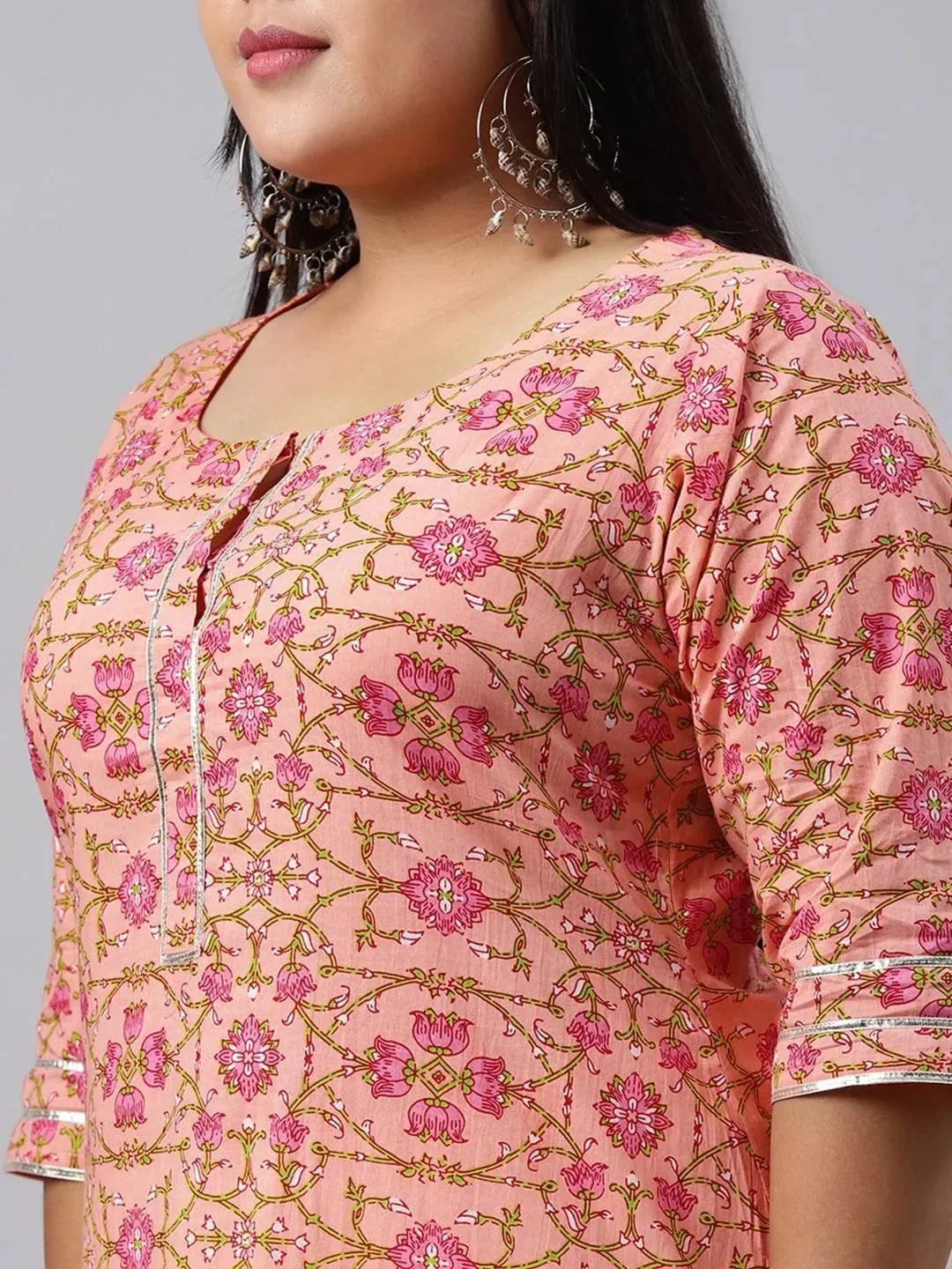 Plus Size Peach Printed Cotton Kurta - Libas