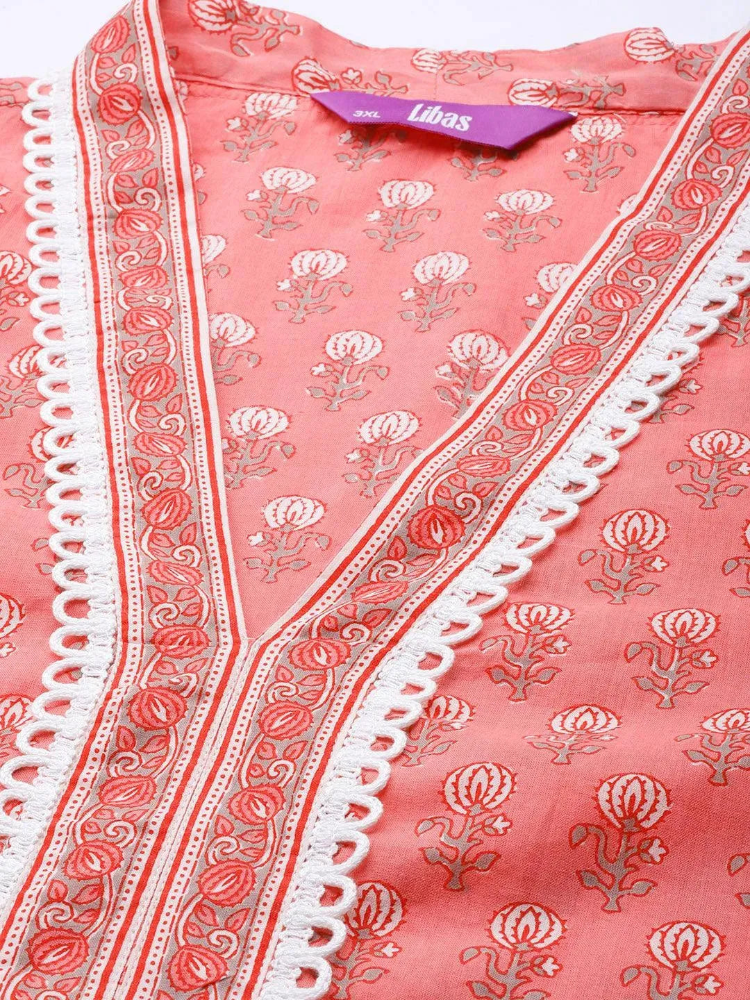 Plus Size Peach Printed Cotton Kurta - Libas 