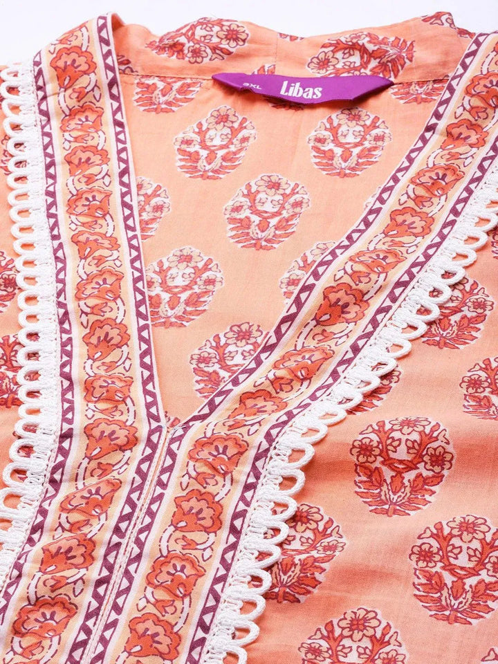 Plus Size Peach Printed Cotton Kurta - Libas