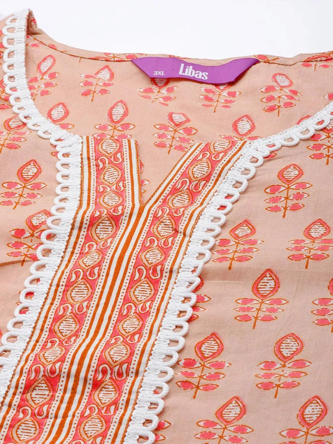 Plus Size Peach Printed Cotton Kurta - Libas