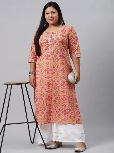 Plus Size Peach Printed Cotton Kurta - Libas