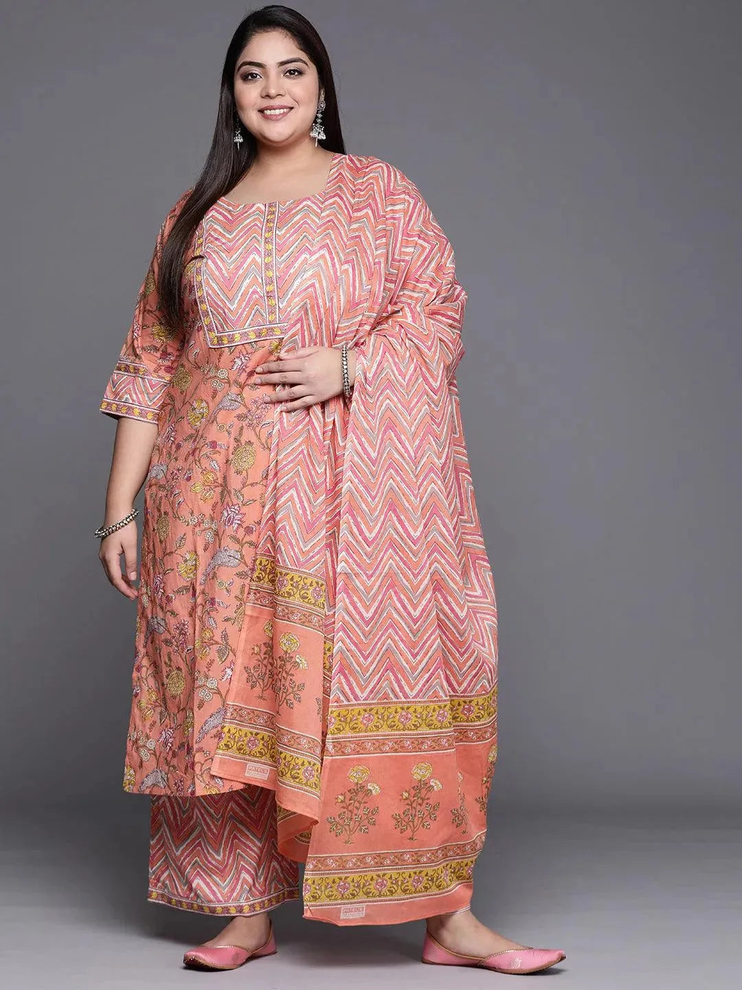 Plus Size Peach Printed Cotton Suit Set - Libas