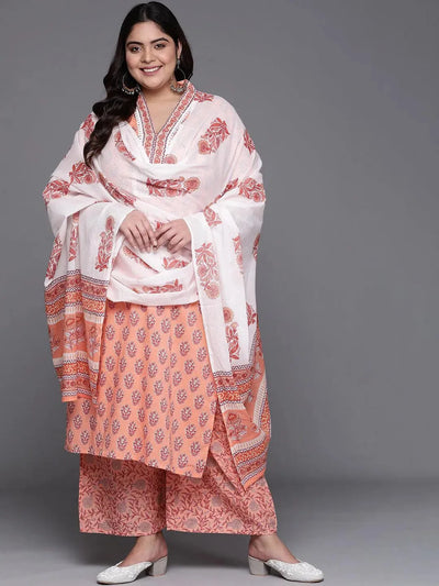 Plus Size Peach Printed Cotton Suit Set - Libas