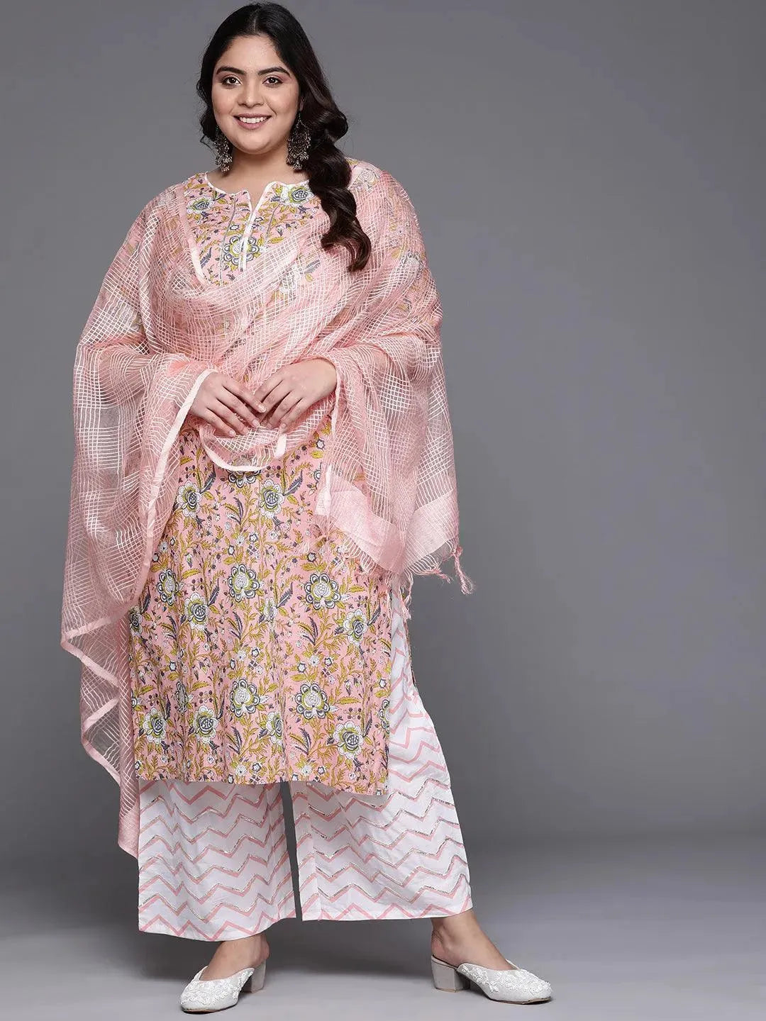 Plus Size Peach Printed Cotton Suit Set - Libas