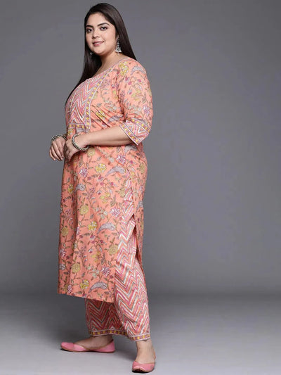 Plus Size Peach Printed Cotton Suit Set - Libas