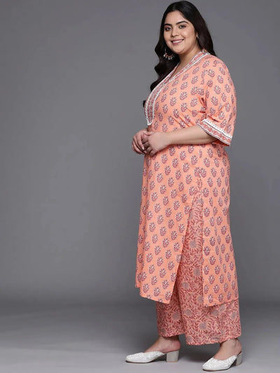 Plus Size Peach Printed Cotton Suit Set - Libas