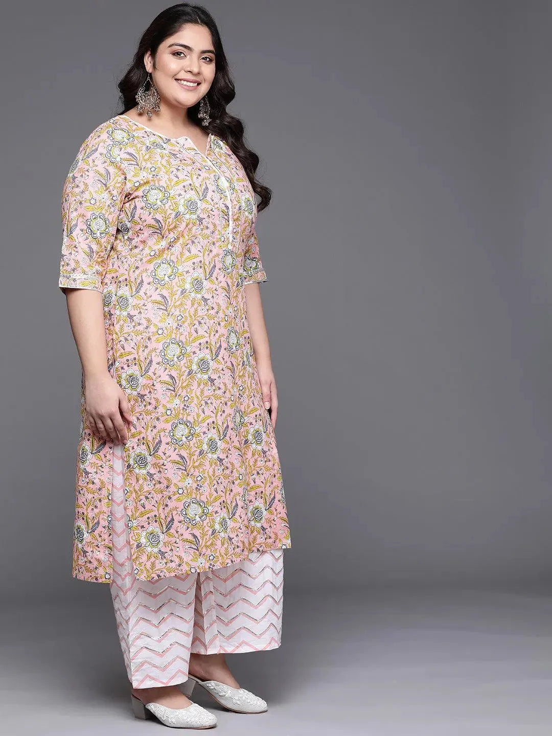 Plus Size Peach Printed Cotton Suit Set - Libas